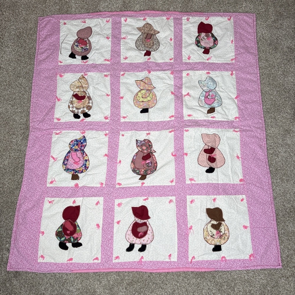 Vtg Handmade Sunbonnet Sue Appliqué Baby Quilt‎ Pink Patchwork 12 Block 44x39"